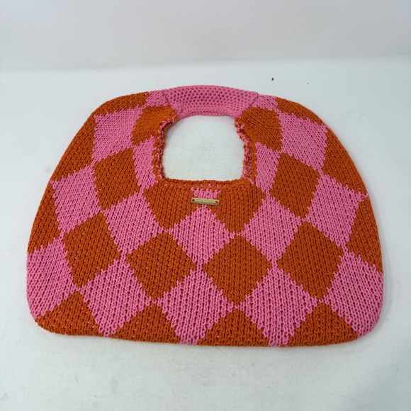 Kopari Handbags - Kopari Pink Orange Checkered Knit Tote Bag Harlequin‎ Pattern Top Handle Bag